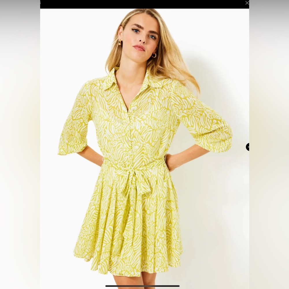 Lilly Pulitzer Melony Shirtdress in Jardin Green Zee Bebe yellow.